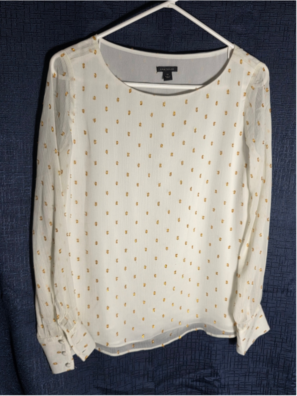 Women's Ann Taylor White Gold Polka Dot Blouse XS chic trendy fancy